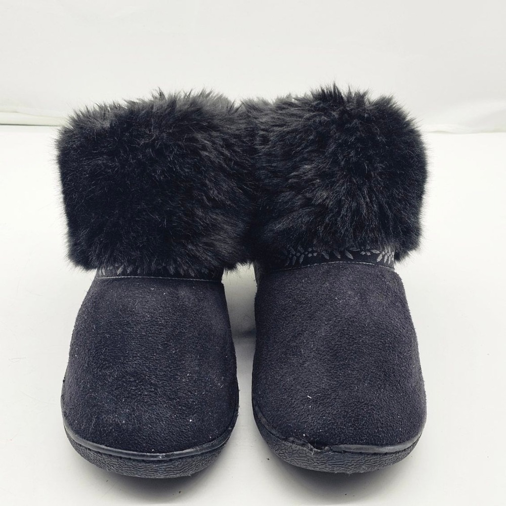 Isotoner Slipper Booties Women Size 8.5-9 Black Good Faux Fur Trim Microsuede
